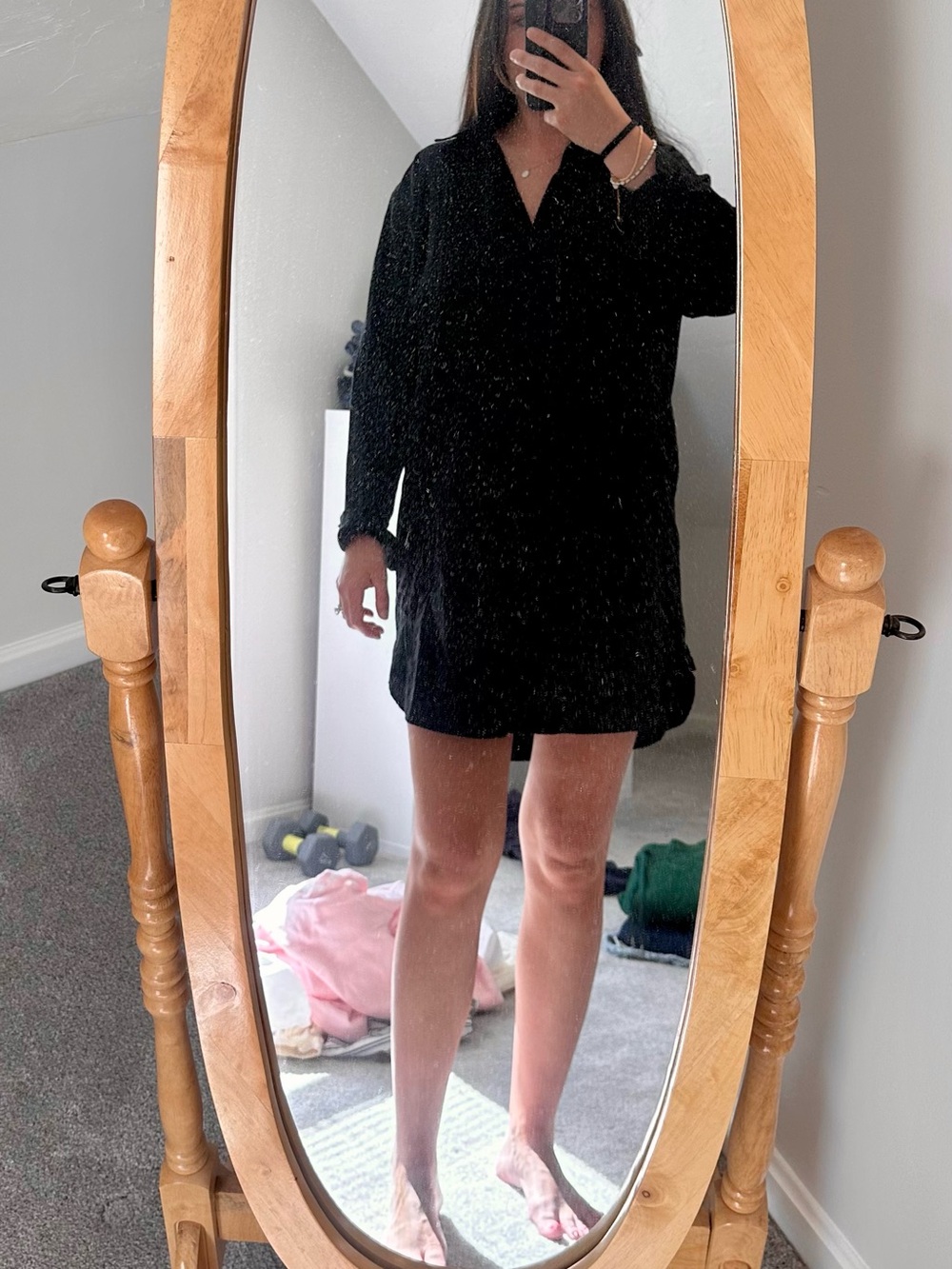 Black Long Sleeve Button-Up Mini Shift Dress